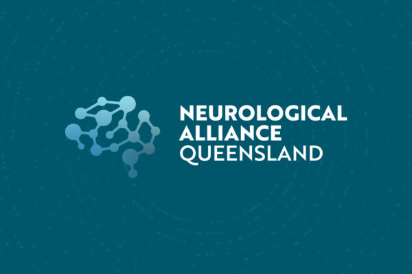 Logo for Neurological Alliance Queensland featuring interconnected dots forming a stylized brain shape, with the organization's name in bold white text on a blue background with subtle circular patterns.