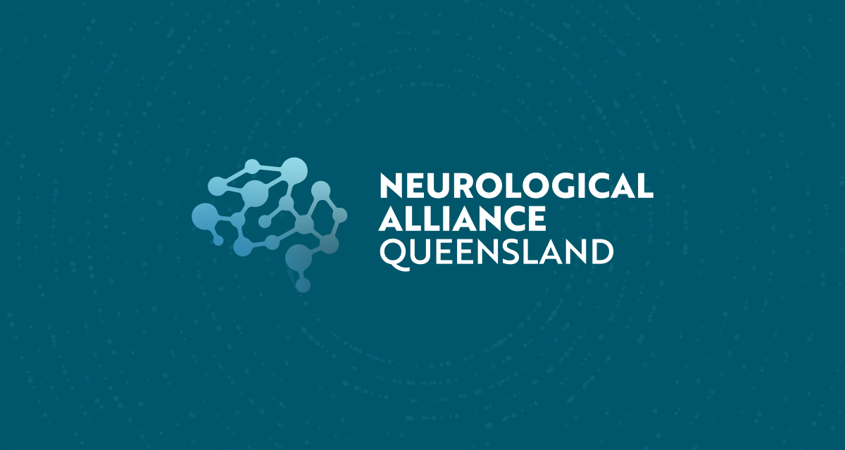 Logo for Neurological Alliance Queensland featuring interconnected dots forming a stylized brain shape, with the organization's name in bold white text on a blue background with subtle circular patterns.